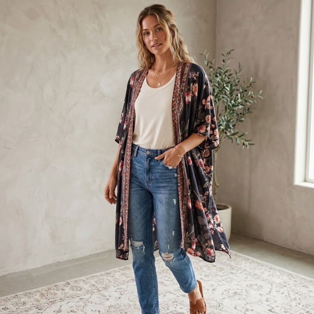 Angie Black Floral Kimono Jacket Lightweight Medium Rayon Open Front Boho